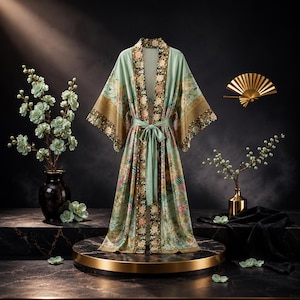 japanese print satin dress Satin Chinese Japanese Luxurious Pink Peacock Prints Trim Kimono Dressing Gown