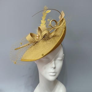 Mustard Yellow Fascinator Hat Kentucky Derby Large Headpiece Birdcage Veil Wedding Guest Clip