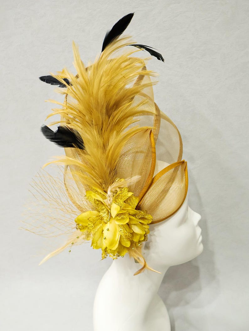 Gold Yellow Statement Hatinator, Sculptural Feather-plume Crinoline ...