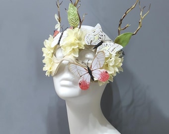 Woodland Fairy Masquerade Mask with Flowers & Butterflies, Nature Cosplay Mask