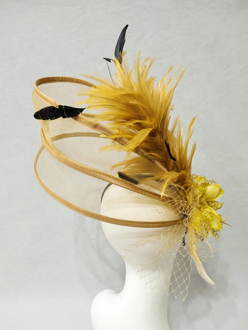 Gold Yellow Statement Hatinator, Sculptural Feather-plume Crinoline ...