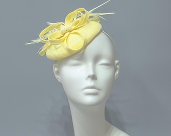 Yellow Fascinator Hat with Bow, Kentucky Derby Wedding Guest Headpiece, Feathers Pearl Accents, Tea Party Church Formal Headwear