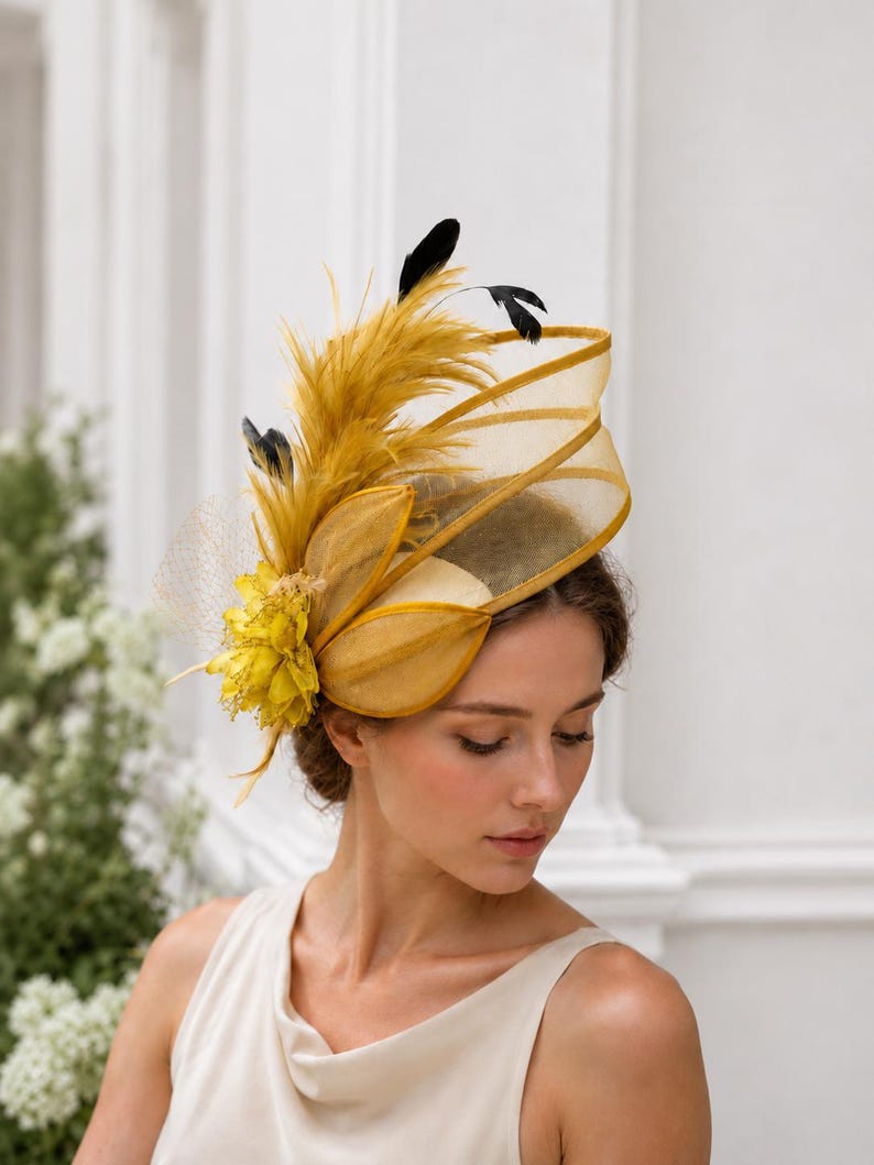 Gold Yellow Statement Hatinator, Sculptural Feather-plume Crinoline ...
