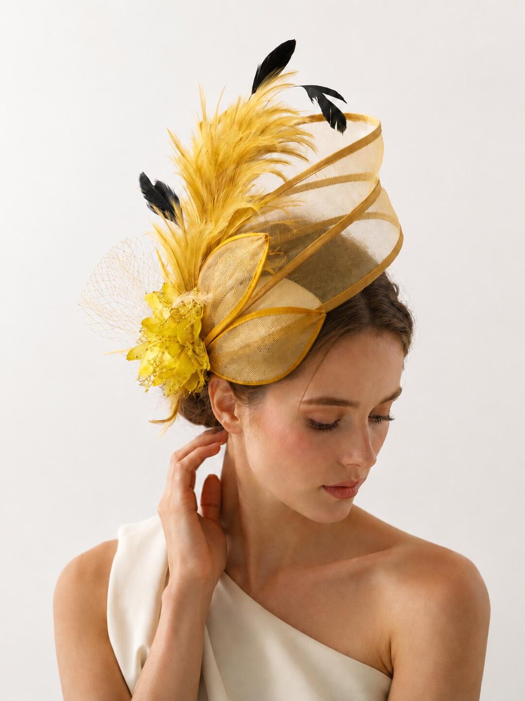Gold Yellow Statement Hatinator, Sculptural Feather-plume Crinoline ...