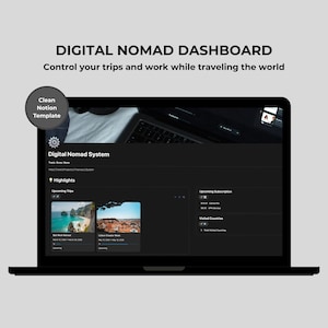 May include: A black laptop displaying a dark-themed Digital Nomad Dashboard Notion template. The screen shows sections for Highlights, Upcoming Trips with images, Upcoming Subscription, and Visited Countries. A circular badge reads Clean Notion Template.