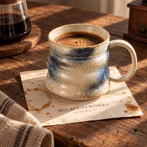 Handgjord keramikmugg, rustik blå glasyrkaffekopp, hantverkskeramik, unik stengodskaffemugg, vintage köksdryck
