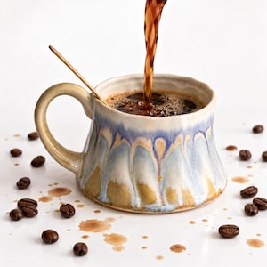 Handgjord keramikmugg, blåbeige glasyrkaffekopp, hantverkskeramik