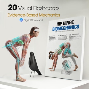 May include: A digital download of 20 visual flashcards on evidence-based mechanics. The image shows a woman demonstrating hip hinge biomechanics, with an anatomical illustration overlay. A black bird sculpture is also present.