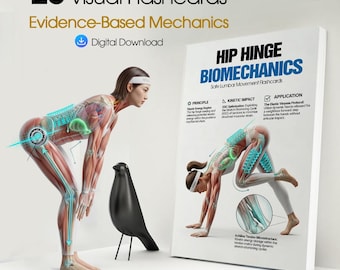 Fichas didácticas sobre la biomecánica de la bisagra de cadera: Guía para un soporte y movimiento lumbar seguros (20 imágenes de anatomía para yoga en PDF)