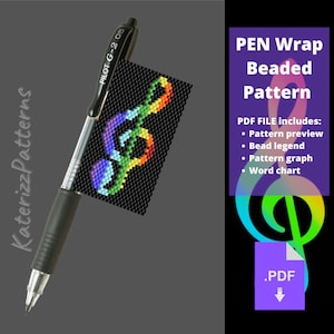 May include: A black Pilot G-2 05 pen featuring a rectangular beaded wrap with a rainbow-colored treble clef design on a black background. The text KaterizzPatterns is visible vertically, alongside a purple box labeled PEN Wrap Beaded Pattern.