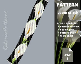 Fleurs : Modèle de bracelet au point de métier à tisser avec des arums | Perles Miyuki Delica (Téléchargement PDF)