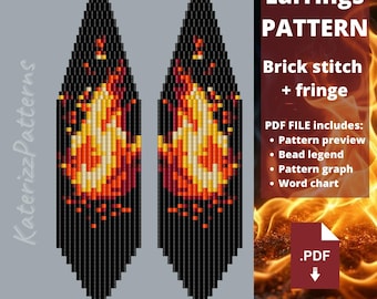 Motif de boucles d'oreilles feu | Brick Stitch, frange Miyuki Delica (téléchargement PDF)