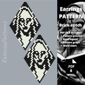 May include: A digital PDF pattern for brick stitch earrings featuring a black and white diamond-shaped graphic of a nun. The image includes text: Earrings PATTERN Brick stitch, PDF FILE includes: Pattern preview, Bead legend, Pattern graph, Word chart.