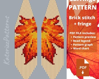 Modèle de boucles d'oreilles en forme de feuille | Point de brique, franges Miyuki Delica (Téléchargement PDF)