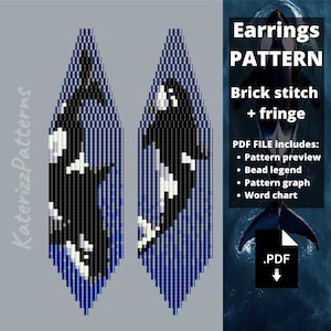 May include: A digital PDF pattern for brick stitch and fringe earrings featuring a graphic of an orca whale. The design uses a grid of black, white, and blue beads to form the whale shape against a blue background. Text includes Earrings PATTERN.