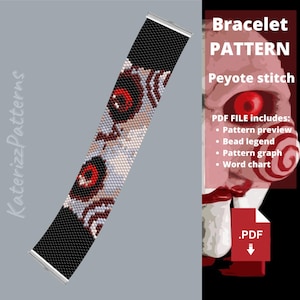 May include: A beaded bracelet pattern for peyote stitch featuring a graphic design with red, white, and black colors. The pattern includes text reading Bracelet PATTERN, Peyote stitch, PDF FILE includes: Pattern preview, Bead legend, Pattern graph, Word chart.