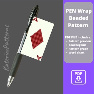 May include: A black Pilot G-2 05 pen holds a card with a red diamond pattern. The card is part of a "PEN Wrap Beaded Pattern" PDF file, which includes a pattern preview, bead legend, pattern graph, and word chart.