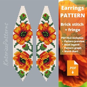 May include: A digital PDF pattern for earrings featuring a brick stitch and fringe design. The pattern displays two long, pointed, leaf-shaped beadwork motifs with orange and yellow poppy flowers, green stems, and buds on a white background.