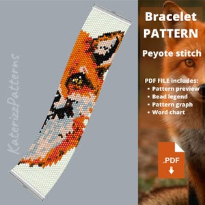 Könnte beinhalten: Ein digitales PDF-Armbandmuster mit einem Peyote-Stich-Design eines Fuchskopfes aus orangefarbenen, weißen, schwarzen und grauen Perlen. Das Dokument enthält eine Mustervorschau, eine Perlenlegende, ein Musterdiagramm und eine Worttabelle.