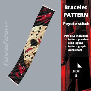 Puede incluir: Un patrón de pulsera digital en PDF para punto peyote con un diseño de máscara de hockey sobre un fondo negro con detalles en rojo. El texto dice Bracelet PATTERN Peyote stitch PDF file includes Pattern preview, Bead legend, Pattern graph, Word chart.
