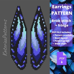 Puede incluir: Un patrón digital para pendientes de cuentas con un diseño de ala larga y puntiaguda en negro, azul oscuro y azul claro. El texto dice Earrings PATTERN Brick stitch + fringe, PDF FILE includes: Pattern preview, Bead legend, Pattern graph, Word chart.