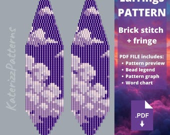 Modèle de boucles d'oreilles nuages ​​violets | Point de brique, franges Miyuki Delica (Téléchargement PDF)
