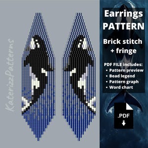 Könnte beinhalten: Ein digitales PDF-Muster für Brick-Stitch- und Fransenohrringe mit einem Orca-Wal-Design. Die Grafik zeigt zwei lange, spitz zulaufende Perlenohrring-Designs in Blau-, Schwarz- und Weißtönen mit dem Text Earrings PATTERN.