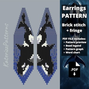 Könnte beinhalten: Ein digitales PDF-Muster für Brick-Stitch- und Fransenohrringe mit einem verpixelten Orca-Walfisch-Design in Schwarz, Weiß und Blautönen. Das Dokument enthält eine Mustervorschau, eine Perlenlegende, ein Musterdiagramm und eine Worttabelle.