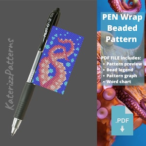 May include: A black Pilot G-2 05 pen with a rectangular beaded pattern strip attached, featuring a pink octopus tentacle design on a blue background with small teal squares. The text KaterizzPatterns is visible vertically on the left side.