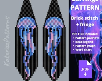 Modèle de boucles d'oreilles méduses | Point de brique, franges, Miyuki Delica (Téléchargement numérique)