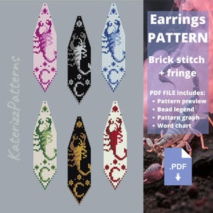 Pode incluir: Um padrão PDF digital para brincos de ponto tijolo e franjas com seis designs em forma de diamante com motivos de escorpião em rosa, preto, azul, verde, dourado e vermelho. O texto diz Earrings PATTERN, Brick stitch + fringe e PDF FILE includes.