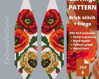 Modèle de boucles d'oreilles fleurs | Point brique, franges Miyuki Delica (Téléchargement PDF)