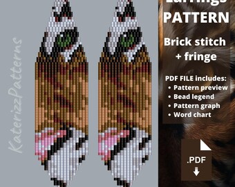 Modèle de boucles d'oreilles œil de tigre | Point de brique, franges, Miyuki Delica (Téléchargement numérique)