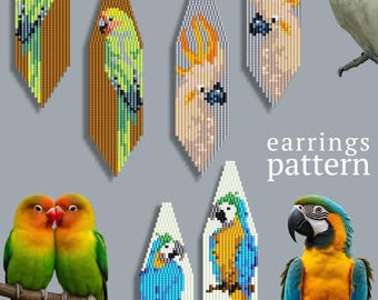 Modèle de boucles d'oreilles perroquets en perles | Point de brique, franges Miyuki Delica (Téléchargement PDF)