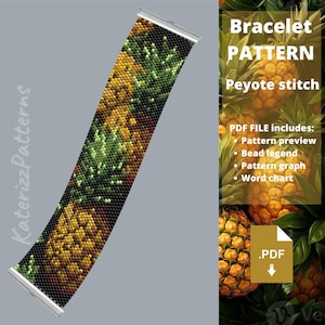 Könnte beinhalten: Ein rechteckiges Peyote-Stich-Armbandmuster mit einem sich wiederholenden Ananas-Design aus gelben, grünen und schwarzen Perlen. Das Muster wird vertikal mit silbernen Metall-Endstücken angezeigt. Der Text auf dem Bild umfasst Bracelet PATTERN, Peyote stitch, PDF FILE includes: Pattern preview, Bead legend, Pattern graph, Word chart und .PDF.