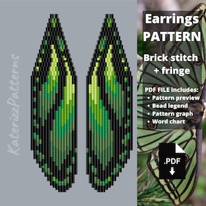 Könnte beinhalten: Ein digitales PDF-Muster für Ohrringe in Ziegelstich-Technik mit Fransen, das ein Mottenflügel-Design in Schwarz, Limettengrün und Waldgrün zeigt. Die Grafik enthält den Text Earrings PATTERN, Brick stitch + fringe und PDF FILE includes.