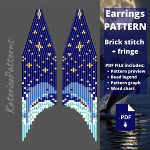Könnte beinhalten: Ein digitales PDF-Muster für Brick-Stitch- und Fransenohrringe mit einem dunkelblauen Nachthimmel, goldenen Sternen und einem hellblauen Delfin, der über weiße Wellen springt. Der Text lautet Earrings PATTERN, Brick stitch + fringe und PDF FILE includes.
