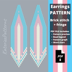 May include: A digital pattern for brick stitch and fringe earrings featuring a vertical striped design in light blue, white, and pink. The text reads: Earrings PATTERN, Brick stitch + fringe, PDF FILE includes: Pattern preview, Bead legend, Pattern graph, Word chart.