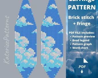 Modèle de boucles d'oreilles nuages ​​bleus | Point de brique, franges Miyuki Delica (Téléchargement PDF)