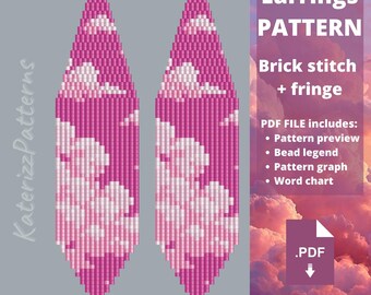 Modèle de boucles d'oreilles nuages ​​roses | Point de brique, franges Miyuki Delica (Téléchargement PDF)