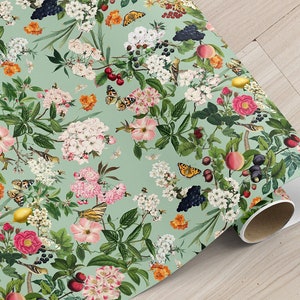 Summer Orchard &#39;Peppermint&#39; Green Drawer Liner, Choose Peel & Stick Self Adhesive or Smooth PrePasted Eco Safe Wallpaper, Fruits and Flowers