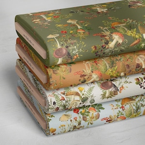 LAST CHANCE Woodland Mushroom Fabric: Vintage Foliage Print (Free USA Ship)