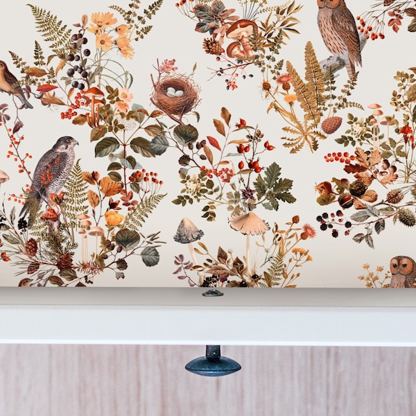 Birds in Woods Drawer Liner Peel & Stick Self Adhesive Paper OR Smooth Pre-Pasted Eco Safe Wallpaper Custom Print 3ft-6ft-9ft-12ft L Rolls