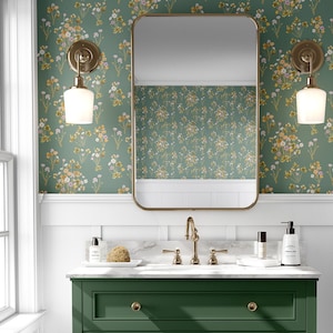 Meadow Floral Drawer Liner &#39;Vintage Green&#39; // Peel & Stick Self Adhesive Paper or Smooth Pre-Pasted Eco Safe Wallpaper 3-6-9-12ft L Rolls