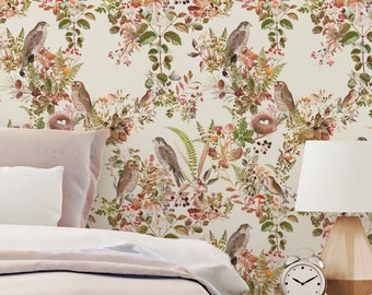 Birds in Woods Wallpaper: Peel and Stick Removable Wall Decor