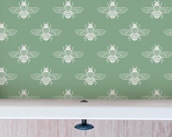 Bumble Bees Rosemary Green Drawer Liner // Peel & Stick Self Adhesive Paper or Smooth Pre-Pasted Eco Safe Wallpaper 3-6-9-12ft L Rolls