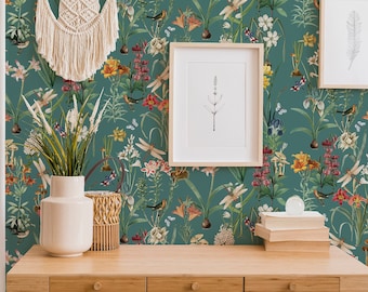 Dragonfly Garden Botanical Drawer Liner in Green, Peel & Stick Self Adhesive Paper or Smooth PrePasted Eco Safe Wallpaper 3-6-9-12ft L Rolls