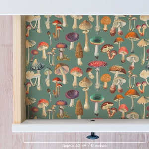 Woodland Mushroom &#39;Dusty Green&#39; Drawer Liner // Peel & Stick Self Adhesive Paper or Smooth Pre-Pasted Eco Safe Wallpaper 3-6-9-12ft L Rolls