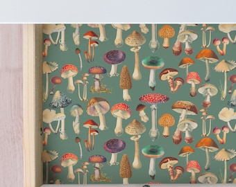Woodland Mushroom &#39;Dusty Green&#39; Drawer Liner // Peel & Stick Self Adhesive Paper or Smooth Pre-Pasted Eco Safe Wallpaper 3-6-9-12ft L Rolls