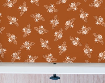 Ditsy Bee Drawer Liner Rust Red / Peel & Stick Self Adhesive Paper OR Smooth Pre Pasted Eco Safe Wallpaper Custom 3ft-6ft-9ft-12ft L Rolls